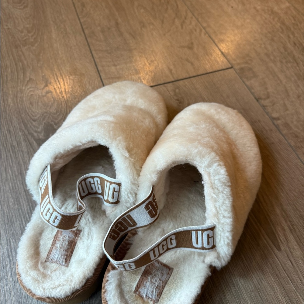 UGG Ivory Plush Slide Mules with Branded Elastic